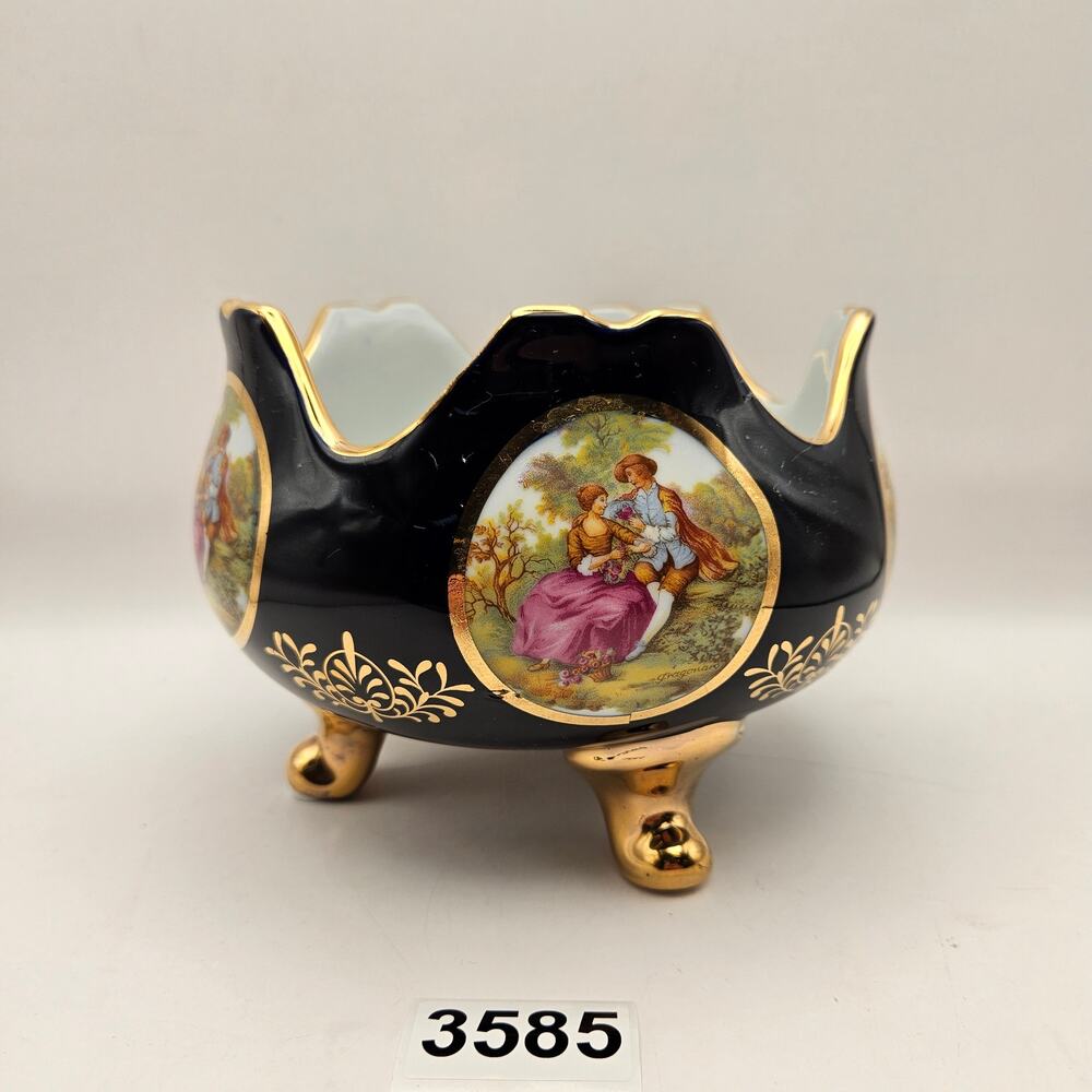ITALIAN DESIGN CERAMICS NAVY GOLD FOOTED CACHE POT PLANTER BOWL FRAGONARD